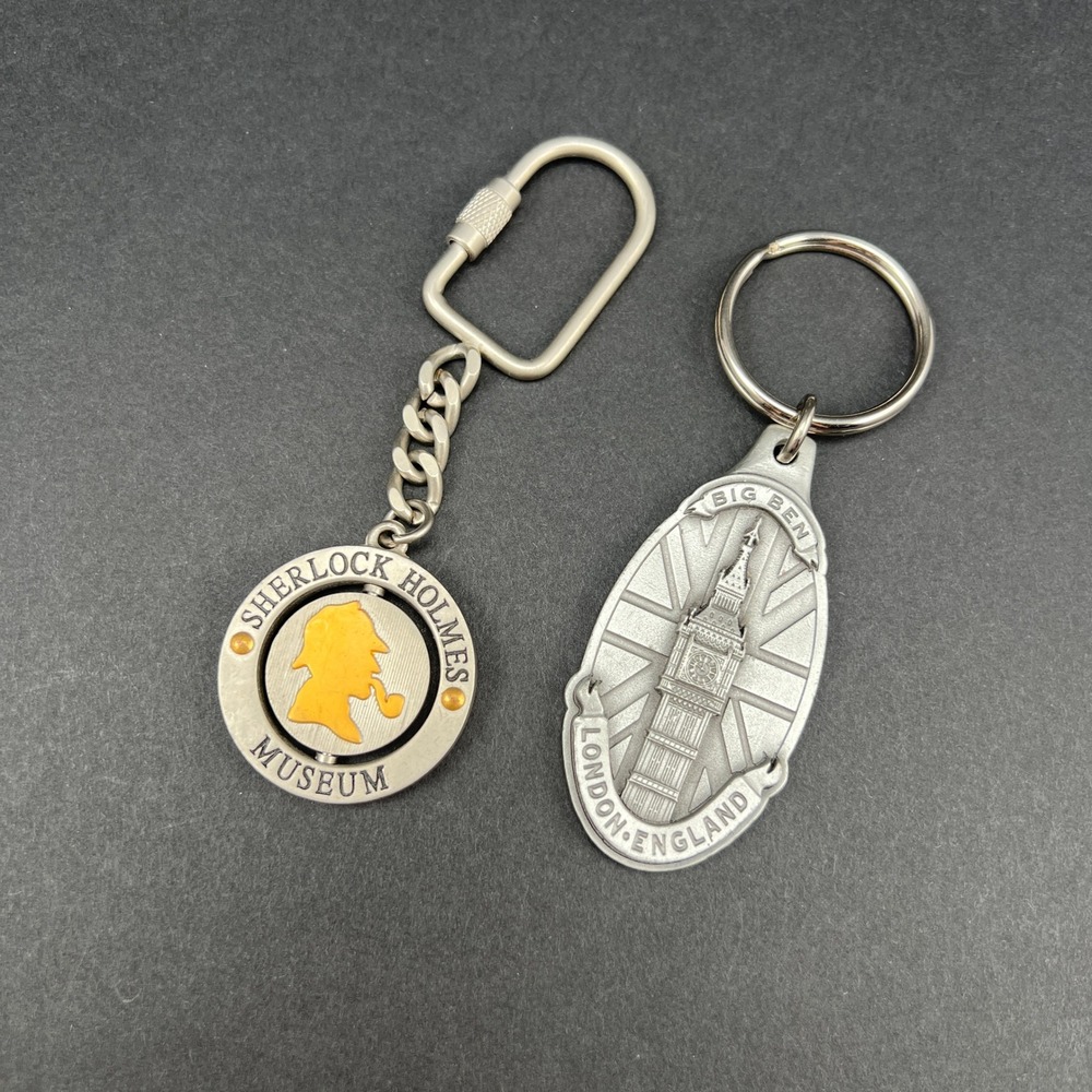 London Keychains Lot of 2 Silver Tone Sherlock Holmes Big Ben Pewter